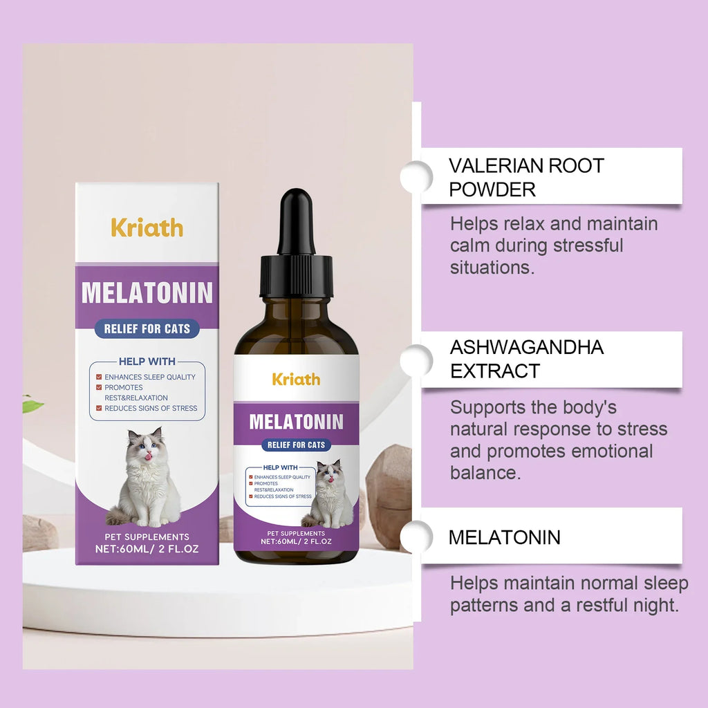Kriath Cat Melatonin Drops 60ml Pet Calming Supplement Liquid Improve Sleep Quality Reduce Stress Anxiety Relief for Cats