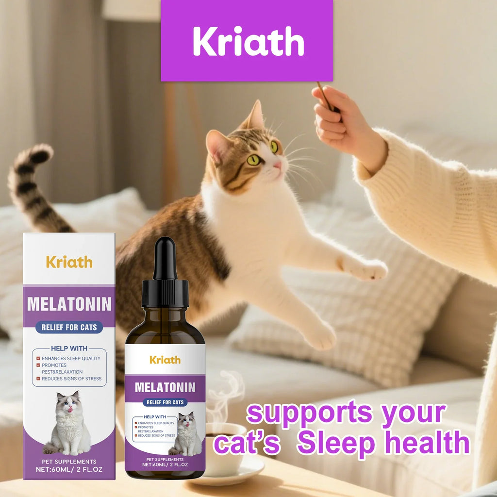 Kriath Cat Melatonin Drops 60ml Pet Calming Supplement Liquid Improve Sleep Quality Reduce Stress Anxiety Relief for Cats